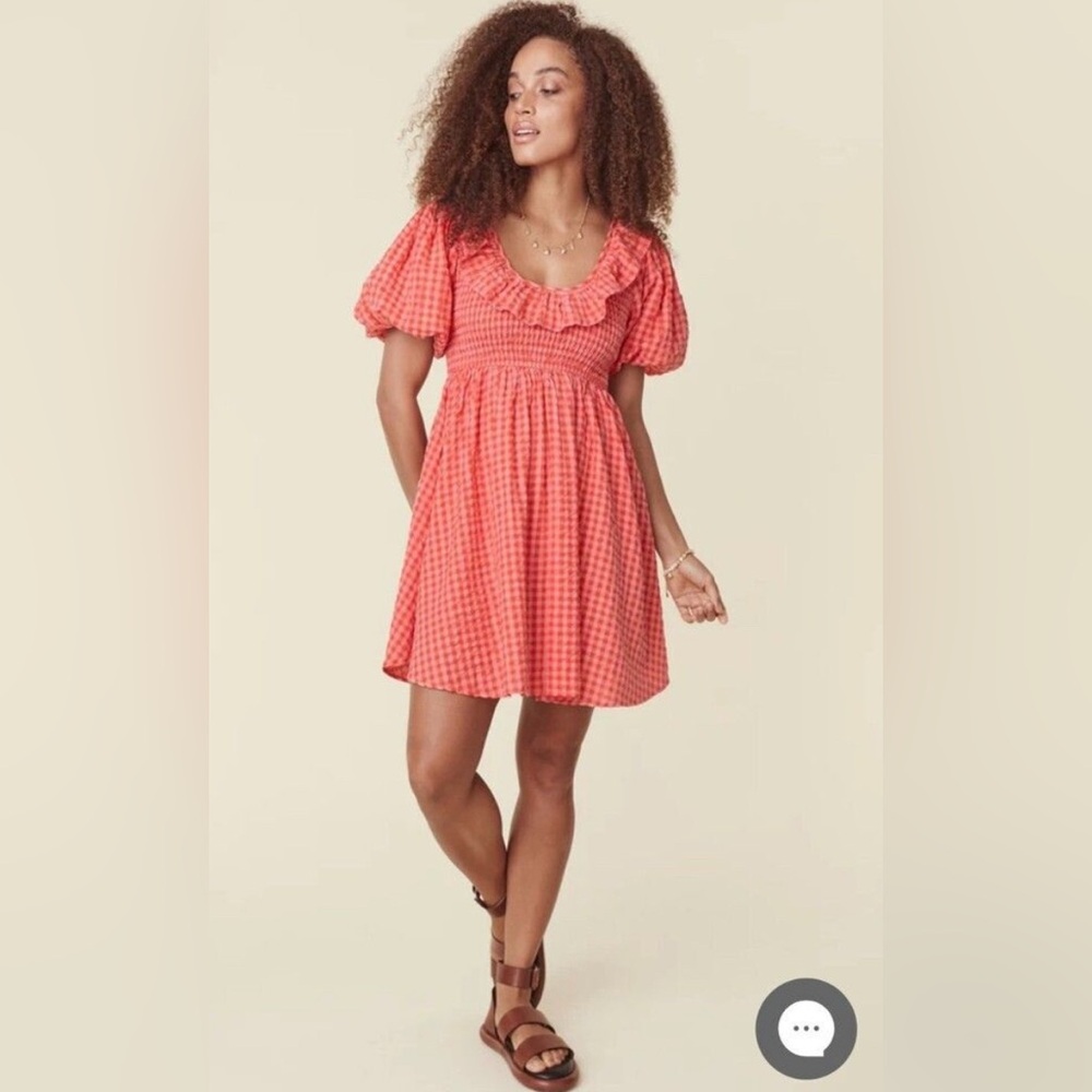NWOT Spell Coral Gingham Puff Sleeve Mini Dress